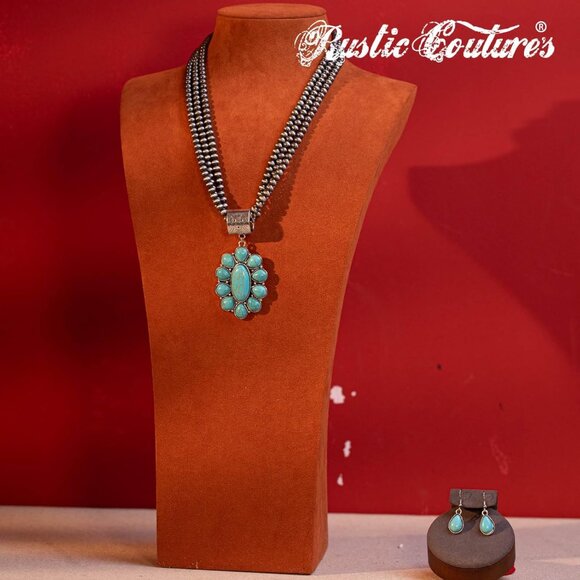 Women's Turquoise 2 Couture Jewelry Set Cowgirl Vintage Western Necklace Earring - Picture 2 of 7